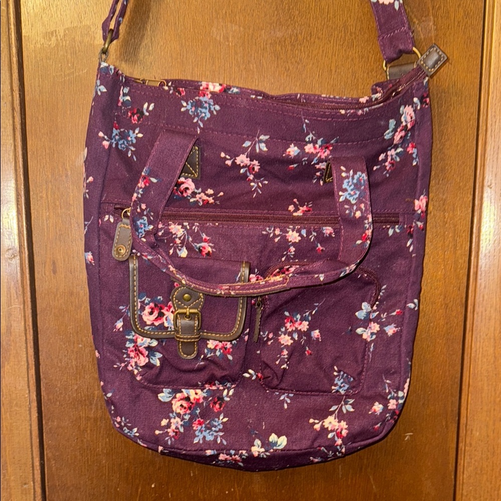 Red and Brown Crossbody Bag with Floral Pattern